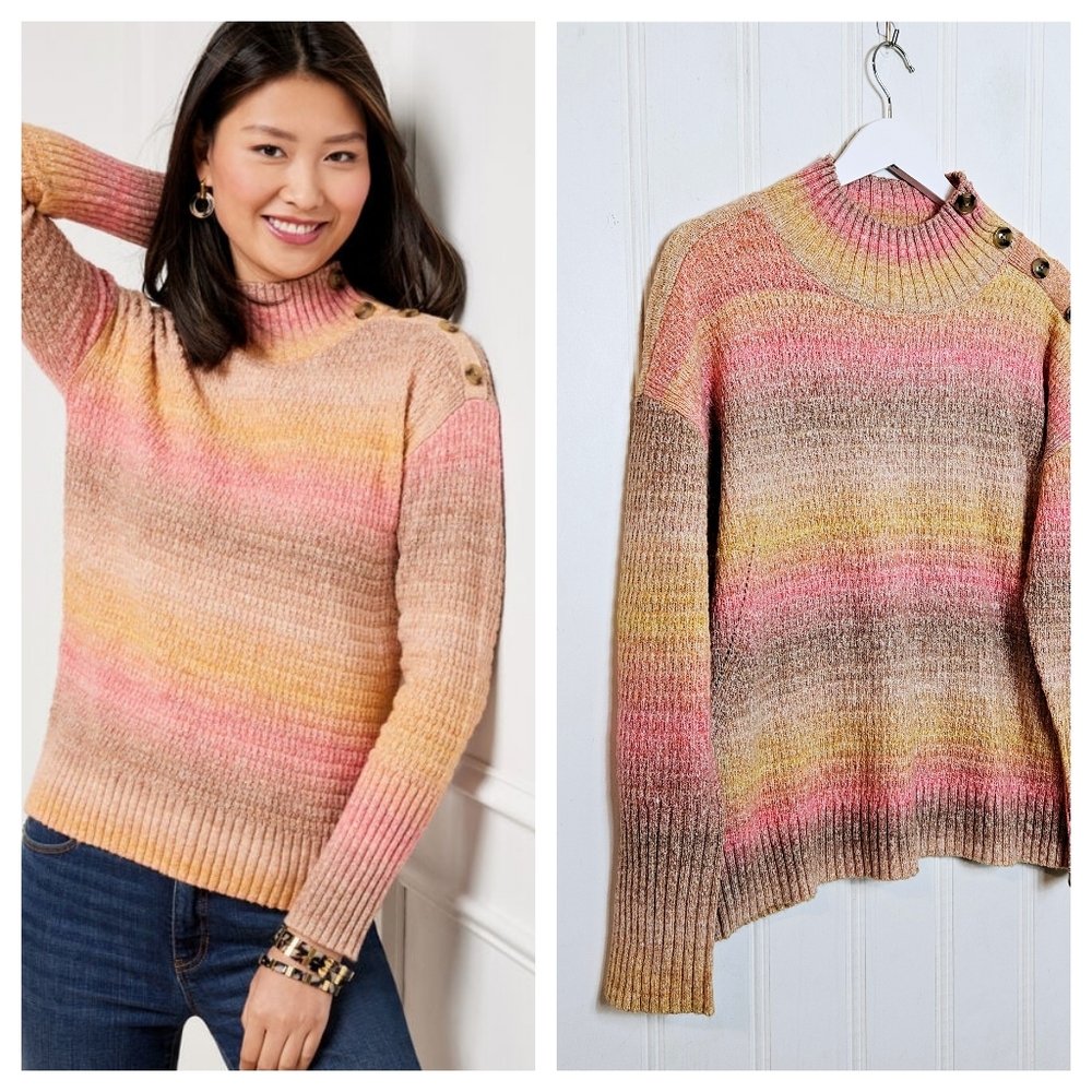 Talbots Pullover Size L Button Shoulder Space Dye Mock Neck Sunset Ombre Striped